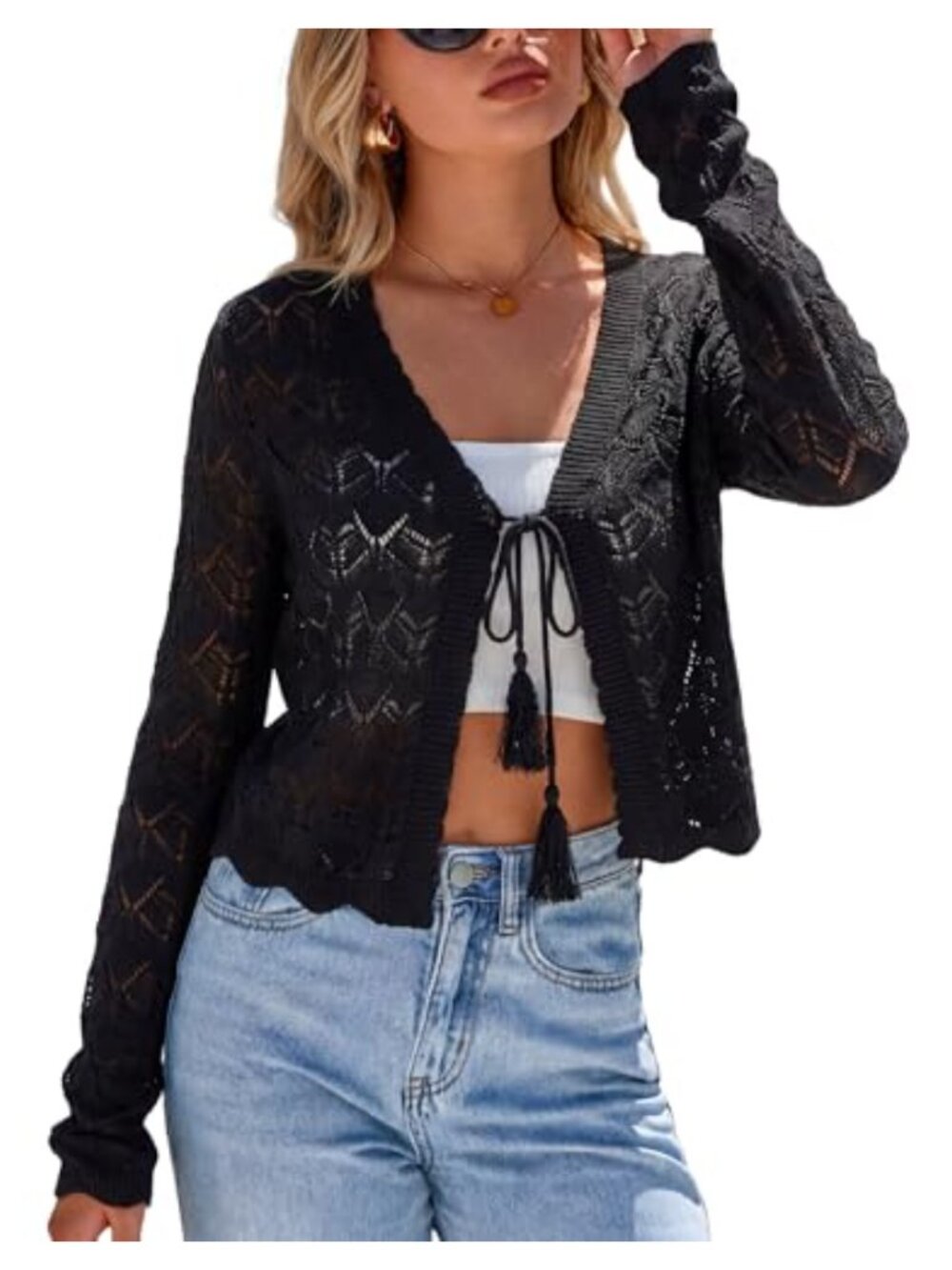 Women's Linen Blend Shrug Cropped Cardigan Bolero Long Sleeve V-Neck